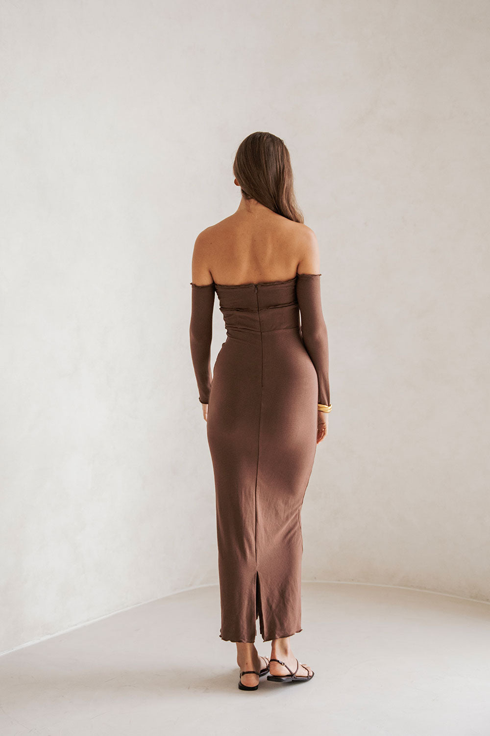 Stretchy Chocolate Hue Off Shoulder Holly Midi Dress