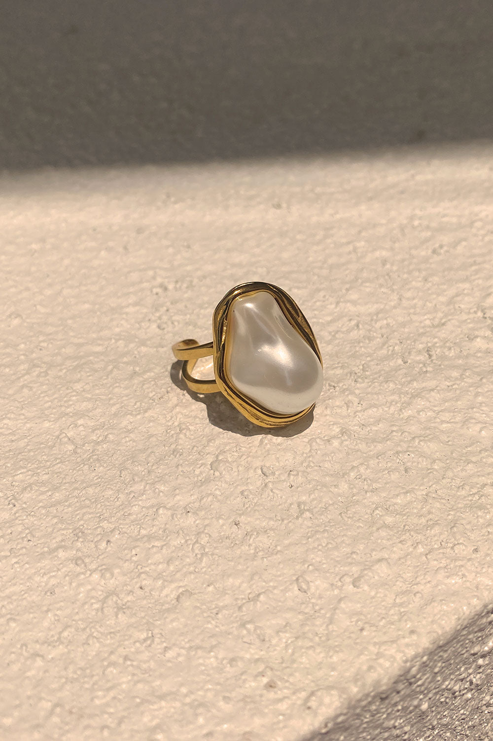 Exquisite Adjustable Gold - Toned Twin - Band Gaia Ring with Bold Vegan Pearl and Gold Border