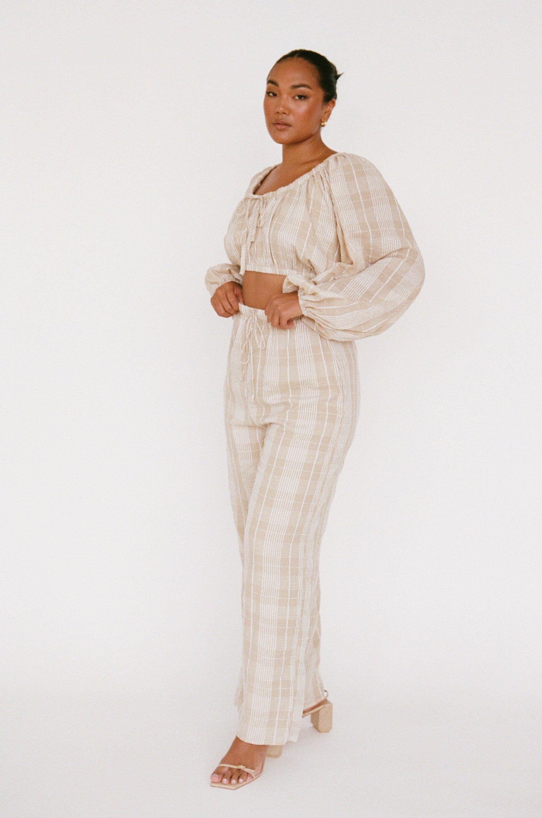 Sabo's Exclusively Designed Lightweight Tan White Plaid High Waisted Drawstring Wide Tashka Pants