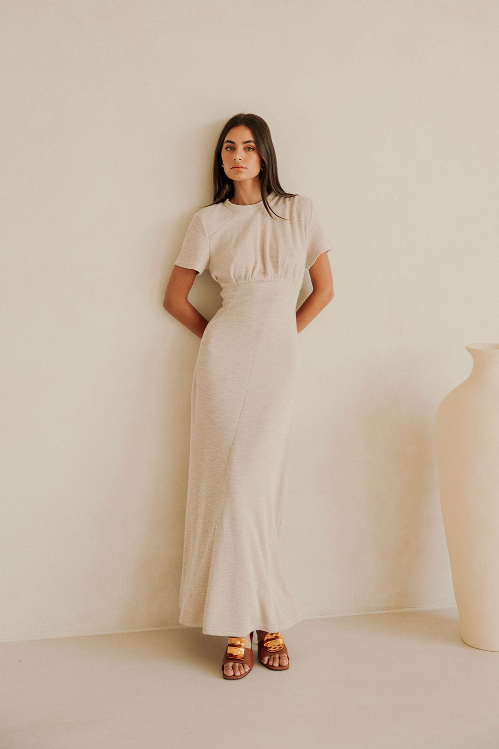 Exclusive Sabo-Designed Beige Ribbed Gizelle Maxi Dress
