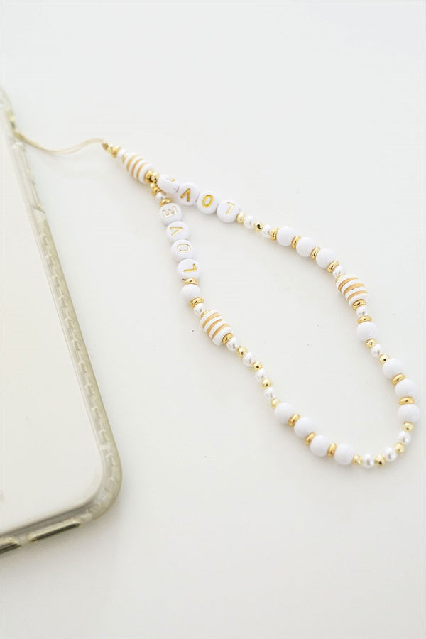 Stylish White and Gold Beaded Accessory for Phone - Beaded Phone Charm