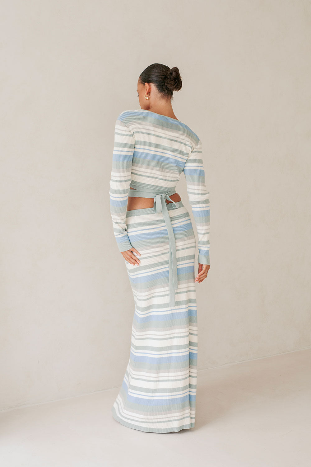 Women's Kaila Maxi Knit Skirt with Blue, Dusty Sage and White Stripes