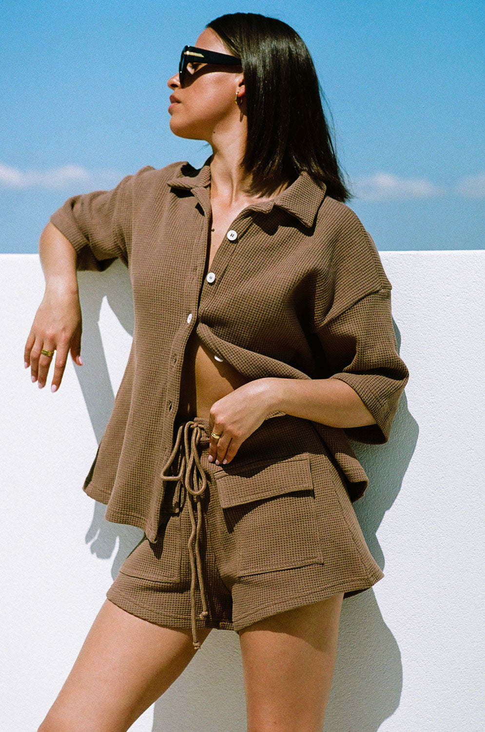 Brown Natural Cotton Waffle Kase Top - Chocolate Style