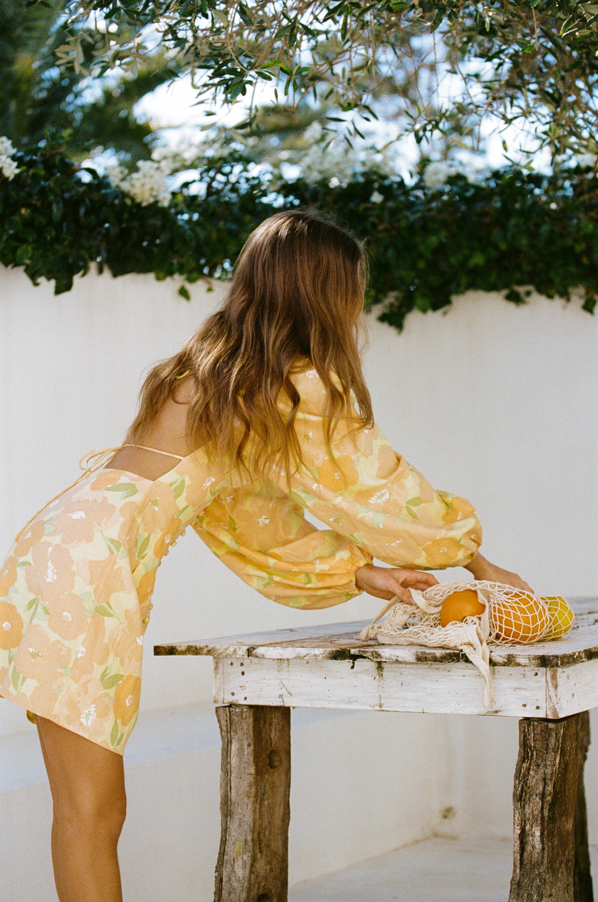 Exclusive Floral Citrus Print Backless Linen Cotton Blend Zhuri Dress