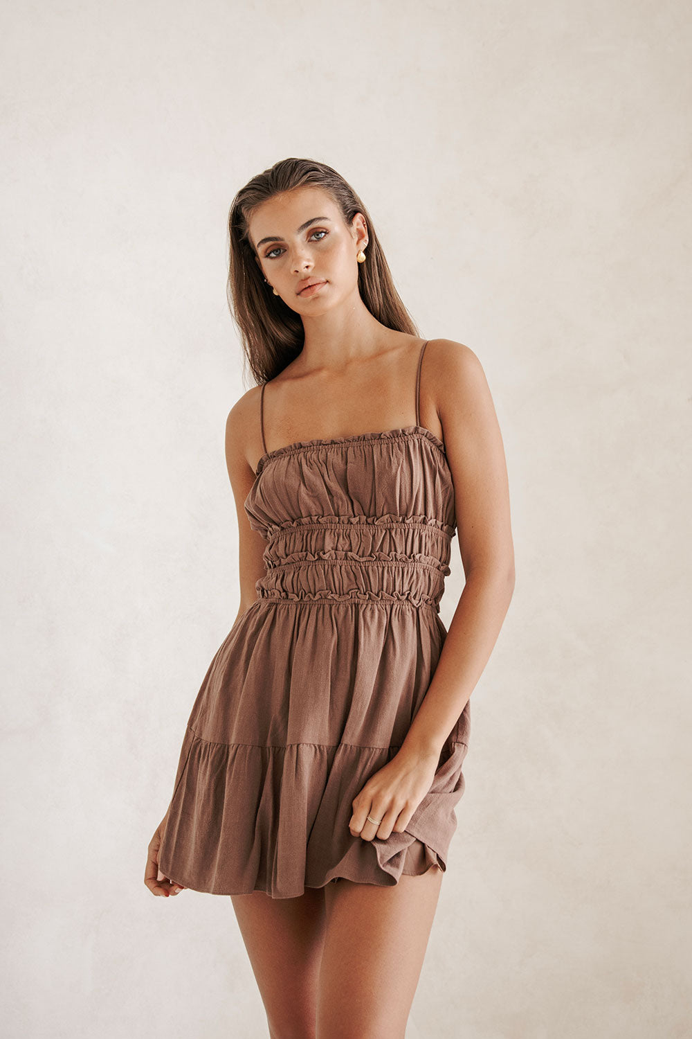 Chocolate Hue Linen Blend Adjustable Straps Ruffle Trimmed Flouncy Tiered Mini Oaklee Dress