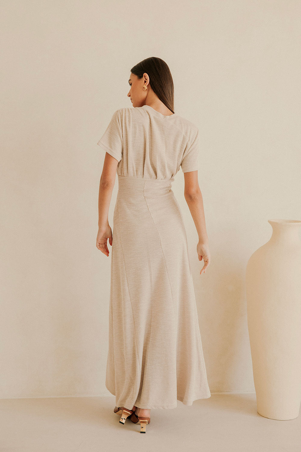 Exclusive Sabo-Designed Beige Ribbed Gizelle Maxi Dress