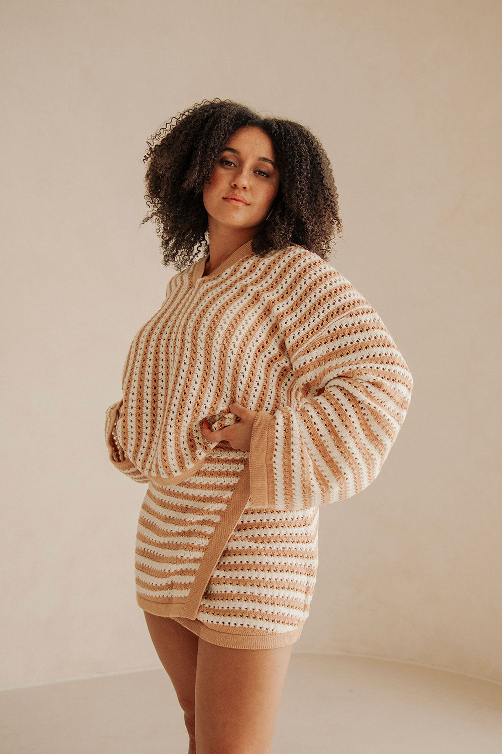 High - Quality Tan and White Striped Bryn Wrap Mini Skirt