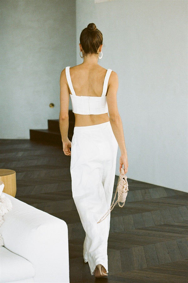 Elegant Off - White Linen Blend Kiera Corset Top for Women