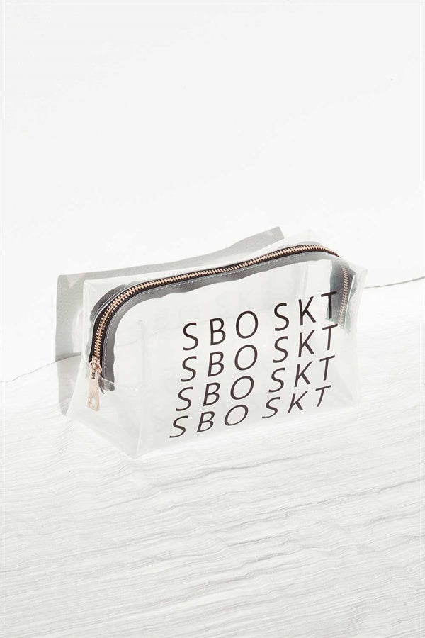 Sabo Skirt Transparent Cosmetic Bag with Black Printing and Gold Zip