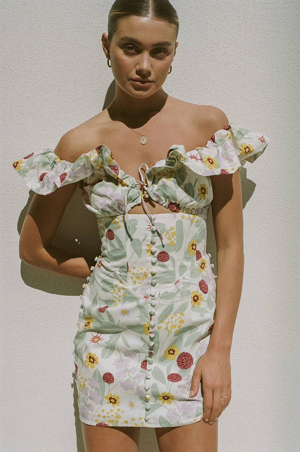 Exclusive Royal Floral Print Coco Off-Shoulder Cotton Poplin Dress