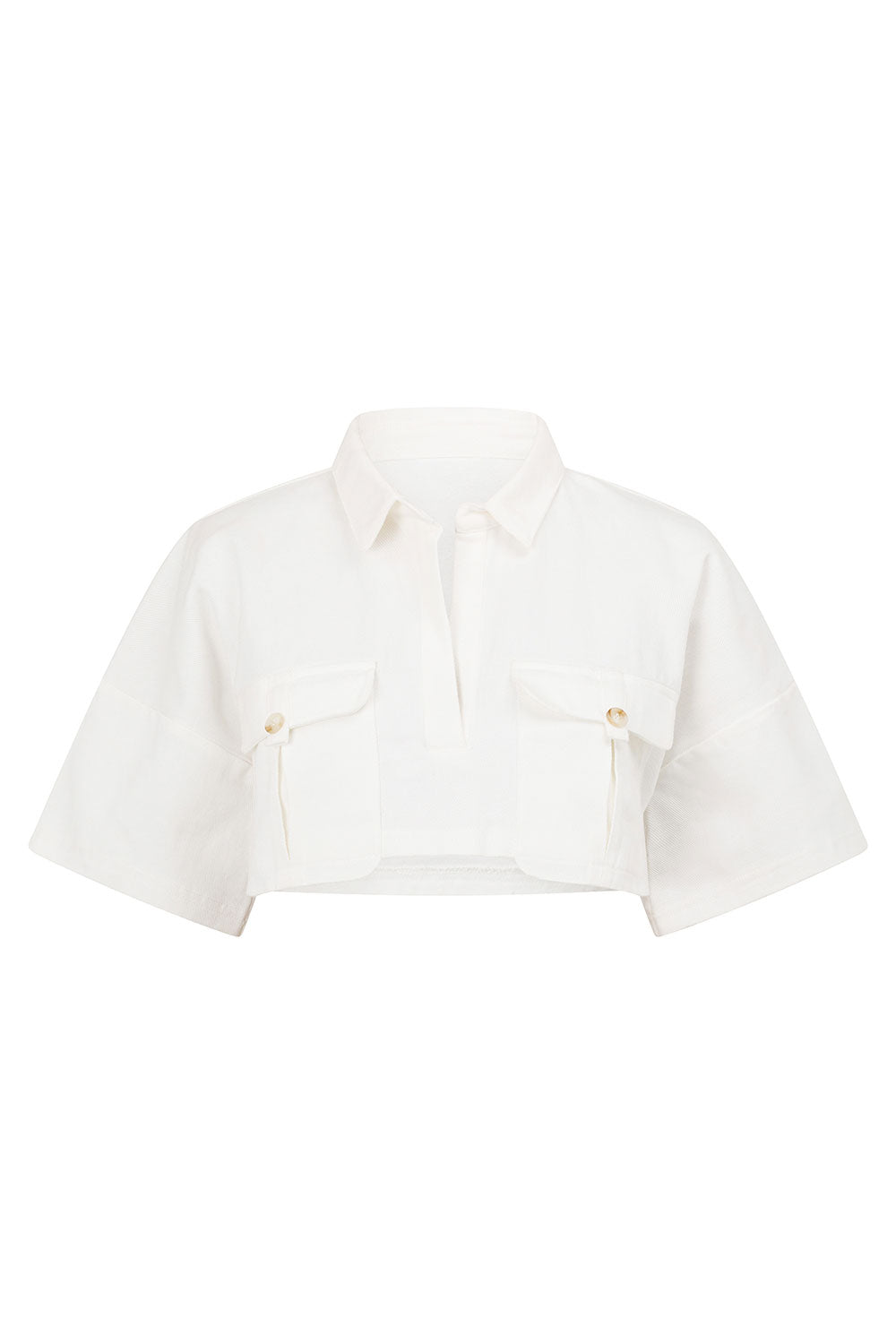 Exquisitely Structured White Cotton Denim Cropped Zayla Top