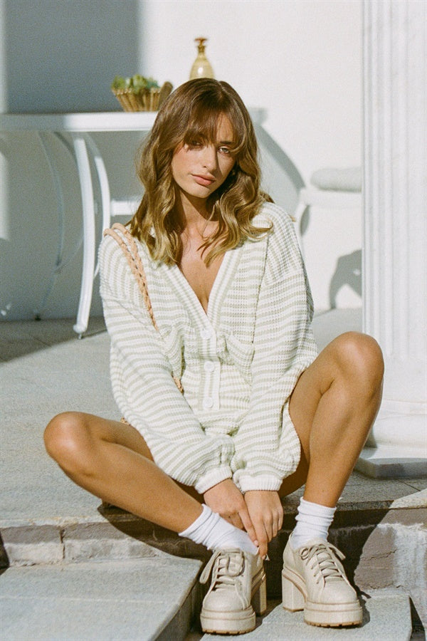 Ora Women's Ribbed Knit Cardigan in Cream and Light Green