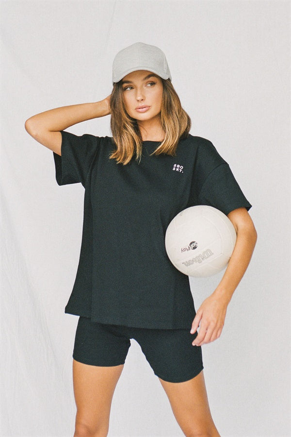 Stylish Black Ribbed Mellow Tee with Embroidered Logo