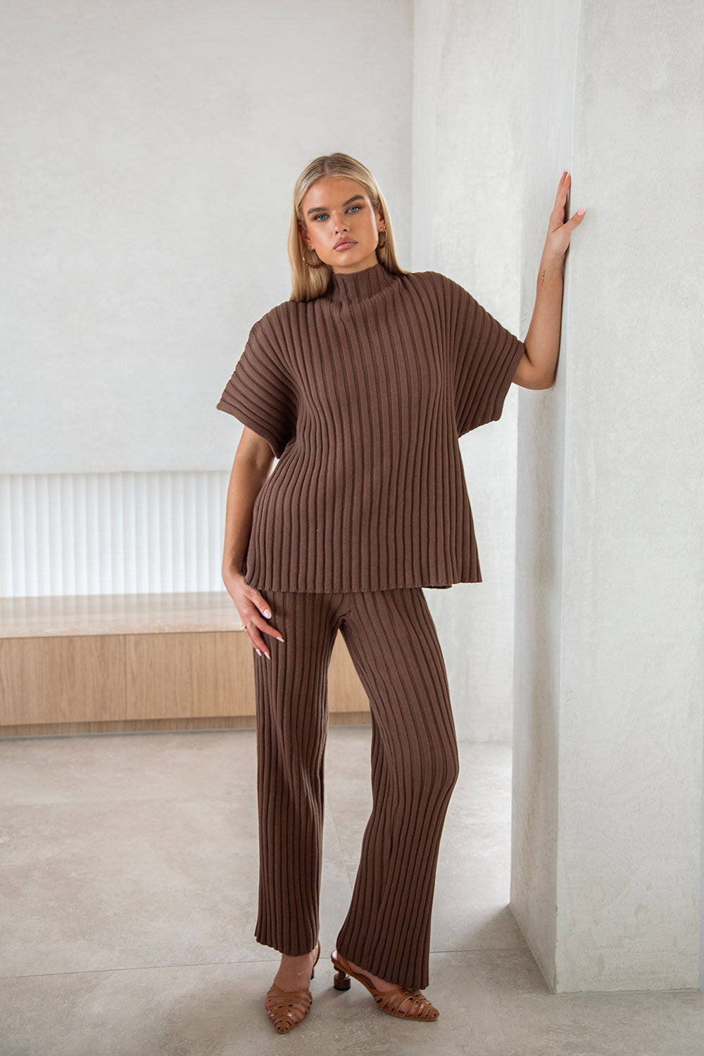Chocolate Colored Celine Cotton Knit Ribbed Women's Pants