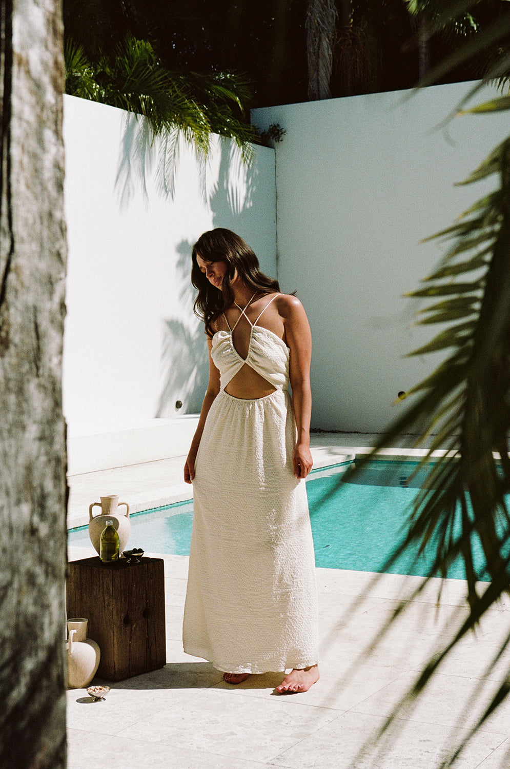 Cream Textured Crepe Bardot Dress for Bridal Events
