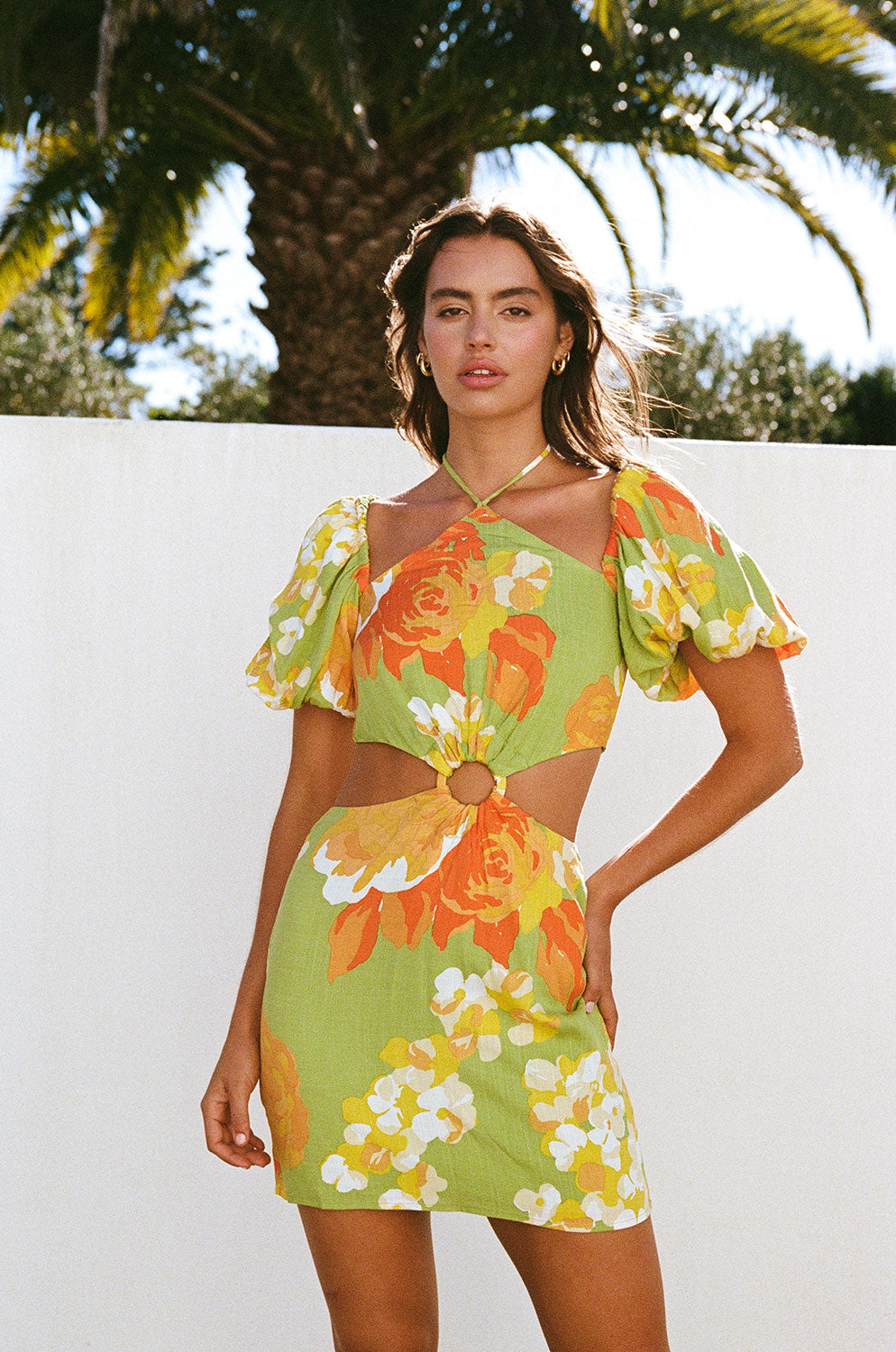 Sunset Floral Pasha Cut - Out Mini Dress with Chic Details