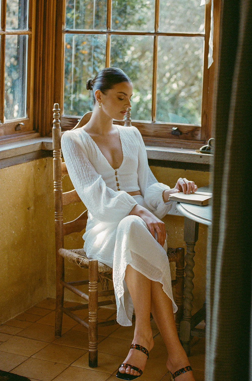 Exclusively Designed Off-White Textured Crepe Tasmin Top with Puff Sleeves