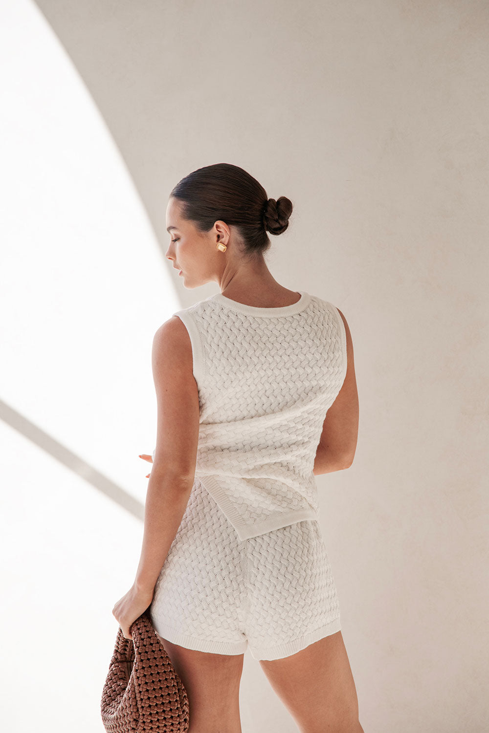 Exclusive Sabo Designed Off-White Natural Cotton Basket Knit Winslet High-Waisted Drawstring Shorts