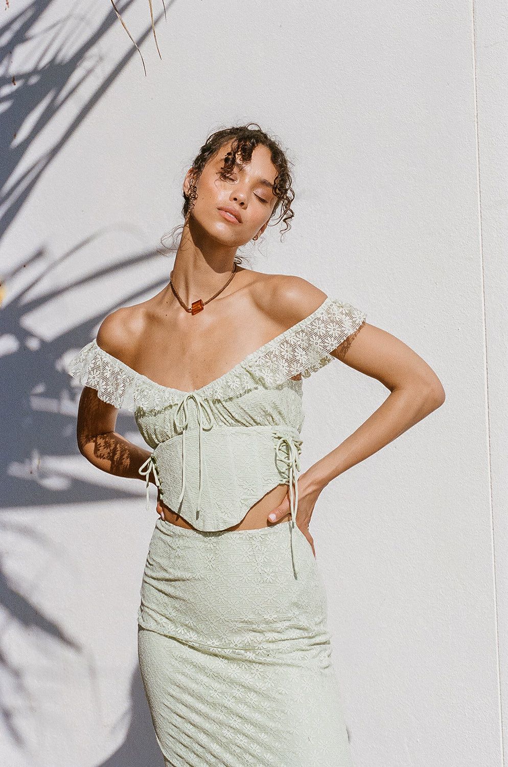 Exquisite Mint Hue Soft Lace Fabric Josa Lace Up Women's Top