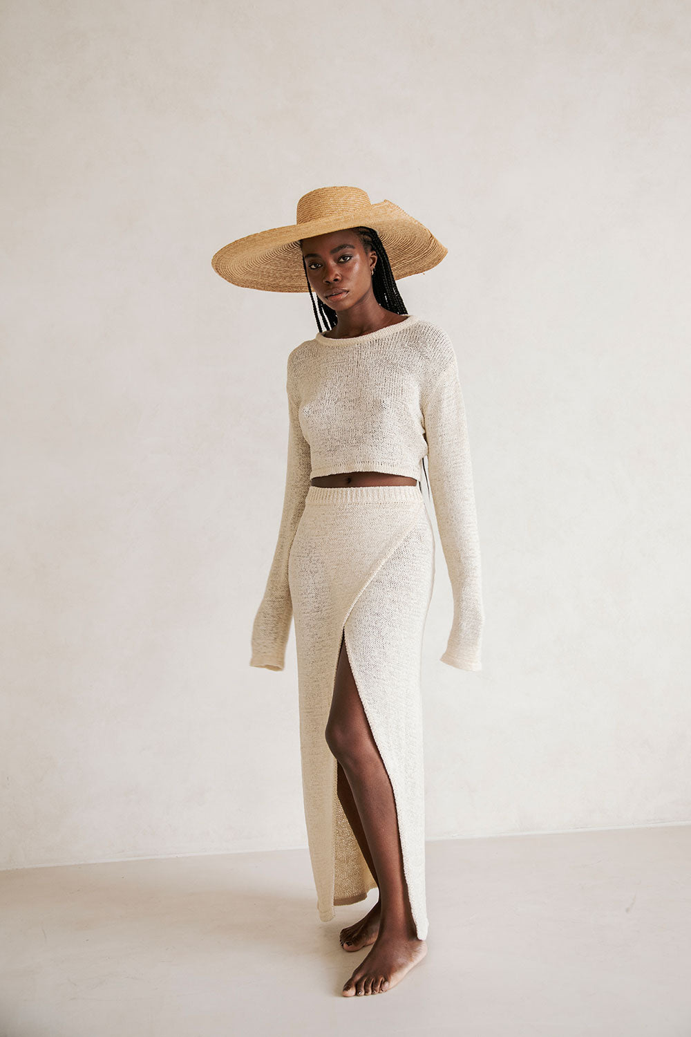 Soft Cream Loose Knit High Waisted Wrap Harley Skirt for Summer