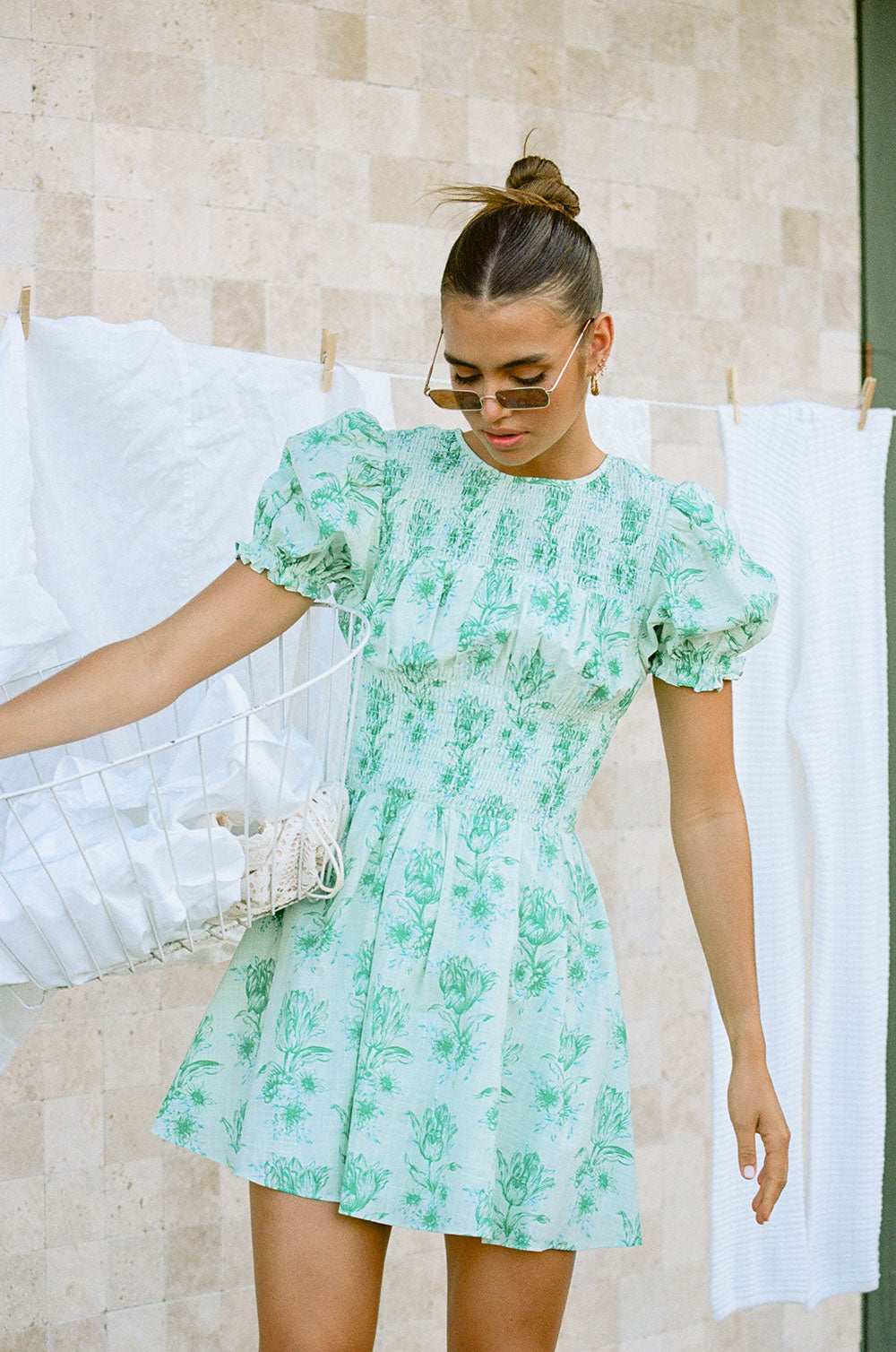 Elegant Charlize Shirred Dress with Exclusive Blushing Tulip Floral Print