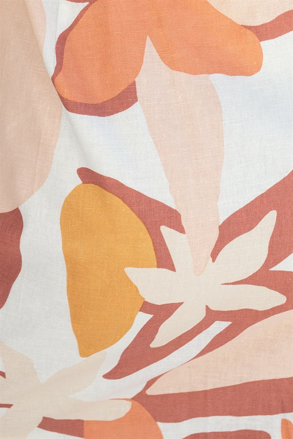 Exclusive Blush Floral Printed Linen Cotton Blend Mao Dress with Ruffles