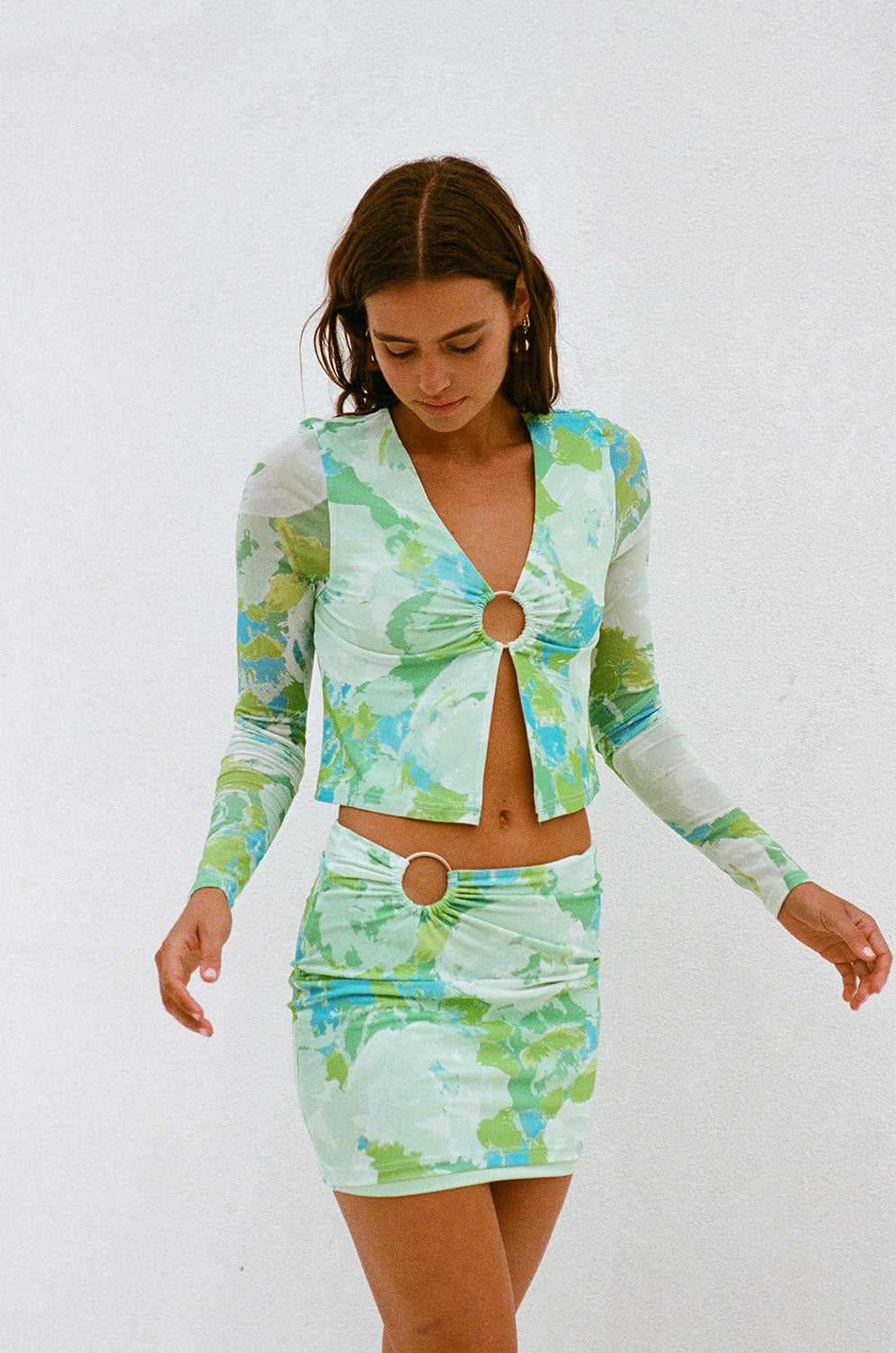 Exclusive Mesh Lotus Print Top with Gold Ring Detail