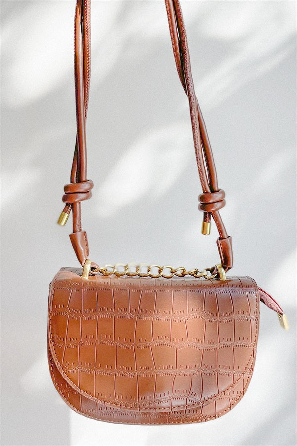 Stylish Dark Mocha Vegan Croc Skin Lima Saddle Bag with Knot Detailing