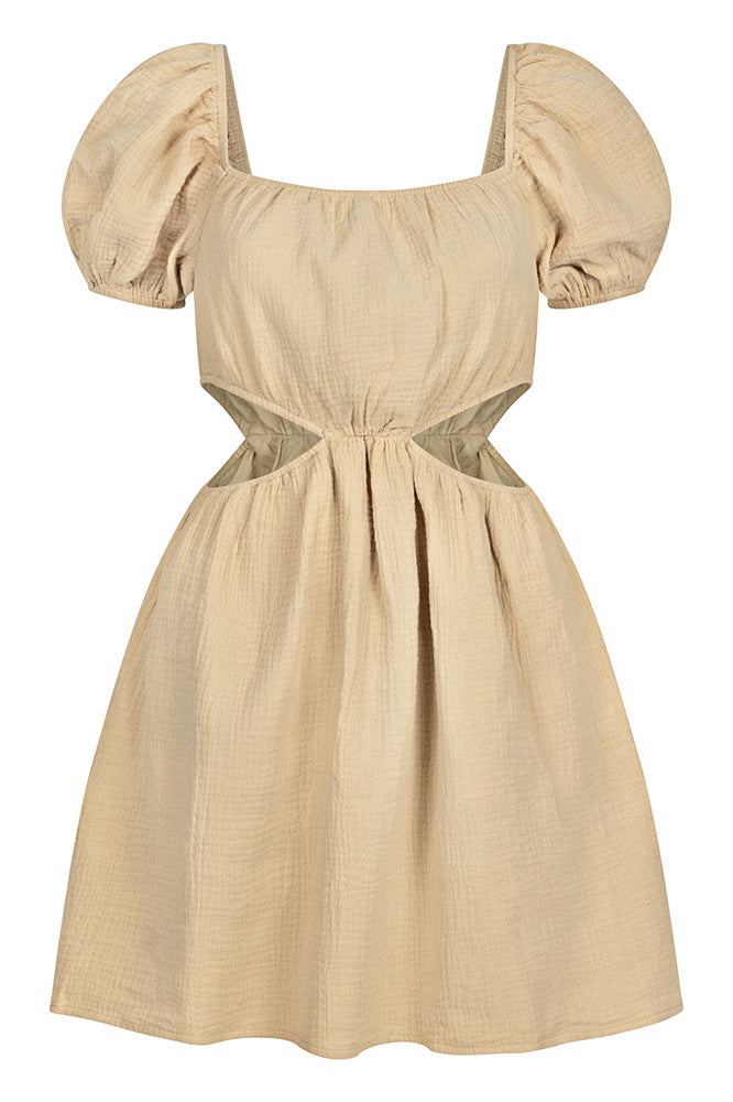 Exclusive Beige Natural Textured Cotton Amara Dress with Short Puff Sleeves