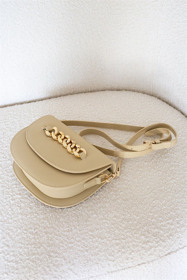 Stylish Khaki Vegan Leather Coco Chain Saddle Bag