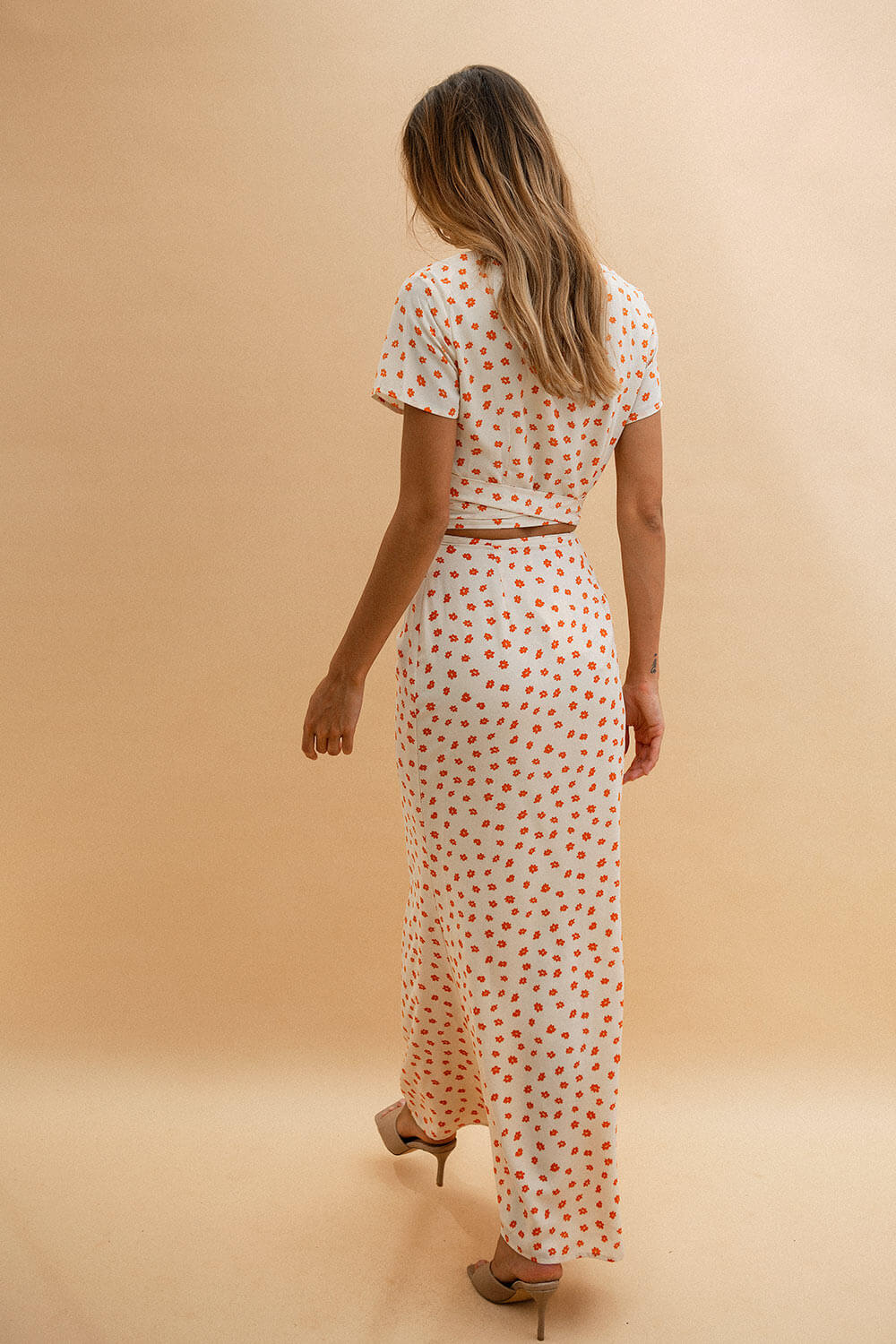Autumn-inspired Camilla High-waisted Floor-length Cream Skirt with Orange Floral Print
