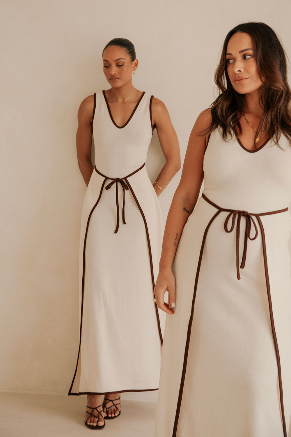 Elegant Creamy Beige Jazmin Maxi Dress with Brown Bind Details