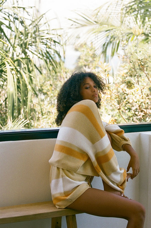 Cosy Dusty Stripe Rufio Cotton Knit Top with Puff Sleeves