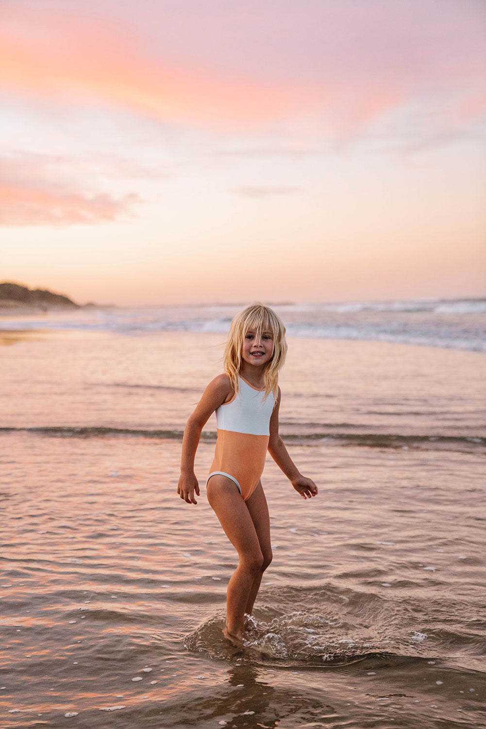 Ariel Orange Girls' Stretchy Ribbed Swimsuit for Beach and Sun