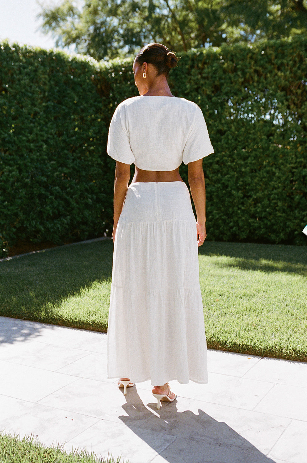 Pearla Women's Vacation White Natural Raw Cotton Asymmetric Mid - rise Waist Draped Tie Maxi Skirt