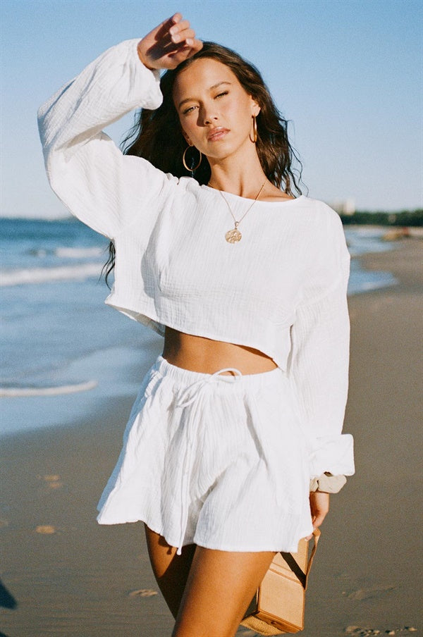 Sabo's Exclusively Designed White Textured High Waisted Jada Shorts