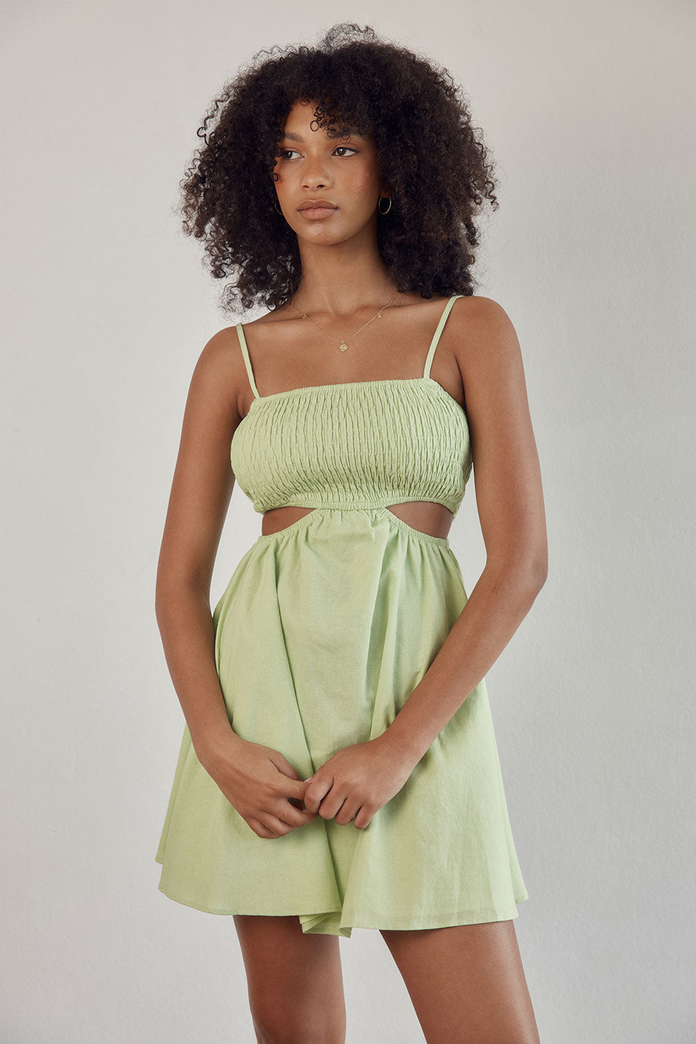 Fun Green Natural Cotton Linen Blend Enya Shirred Dress