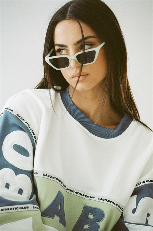 Vintage-Inspired Oversized Imani Sweater in White, Dusty Blue and Green
