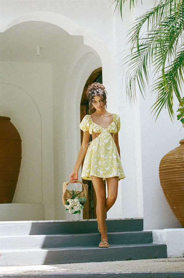 Vibrant Yellow Eilish Summer Floral Dress with Stylish Details