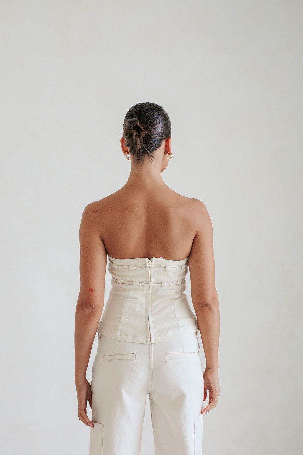 Beige Strapless Fiore Top with Tab and Tie Details