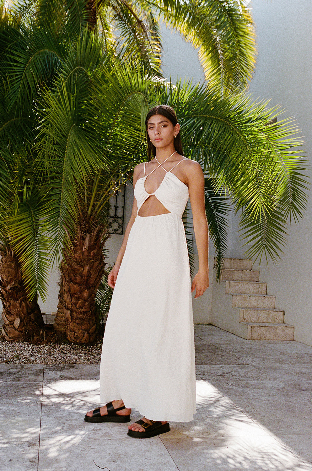 Cream Textured Crepe Bardot Dress for Bridal Events