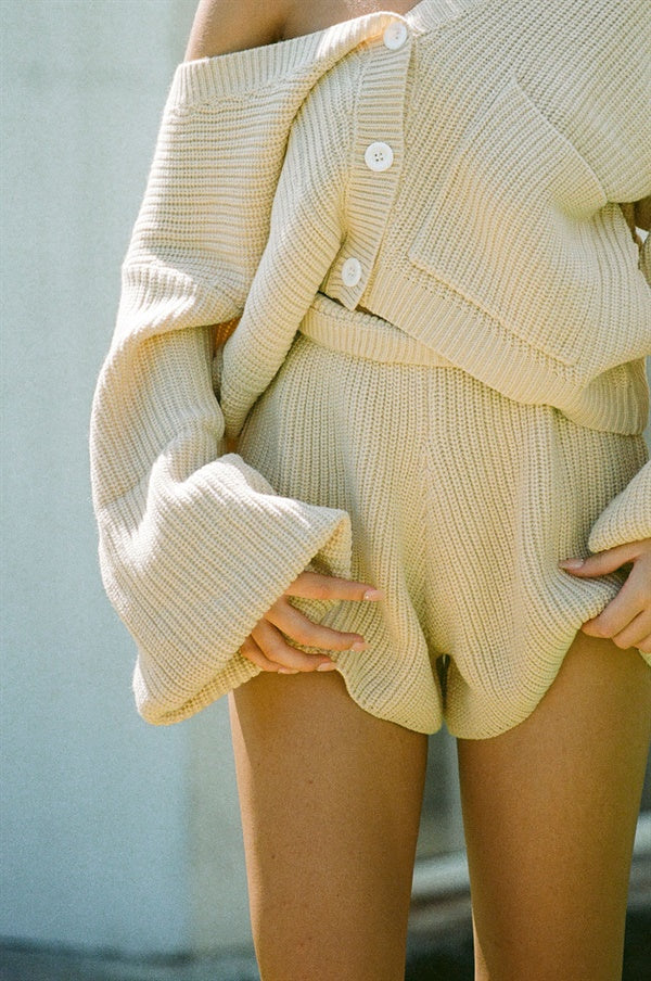 Ellis Toffee - Cosy Knitted Cardigan with Puff Sleeves