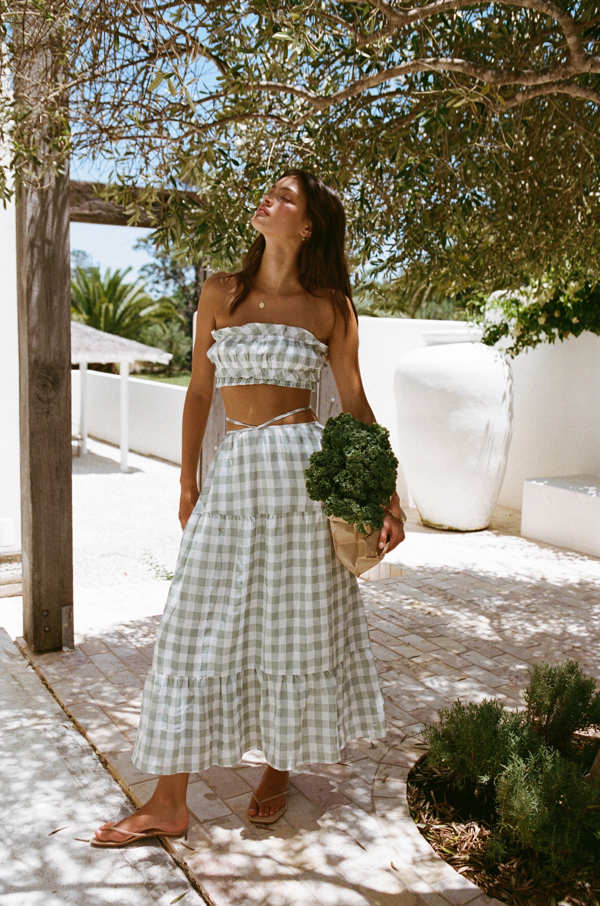 Lightweight Sea Foam Green and White Gingham Alarette Bandeau Top