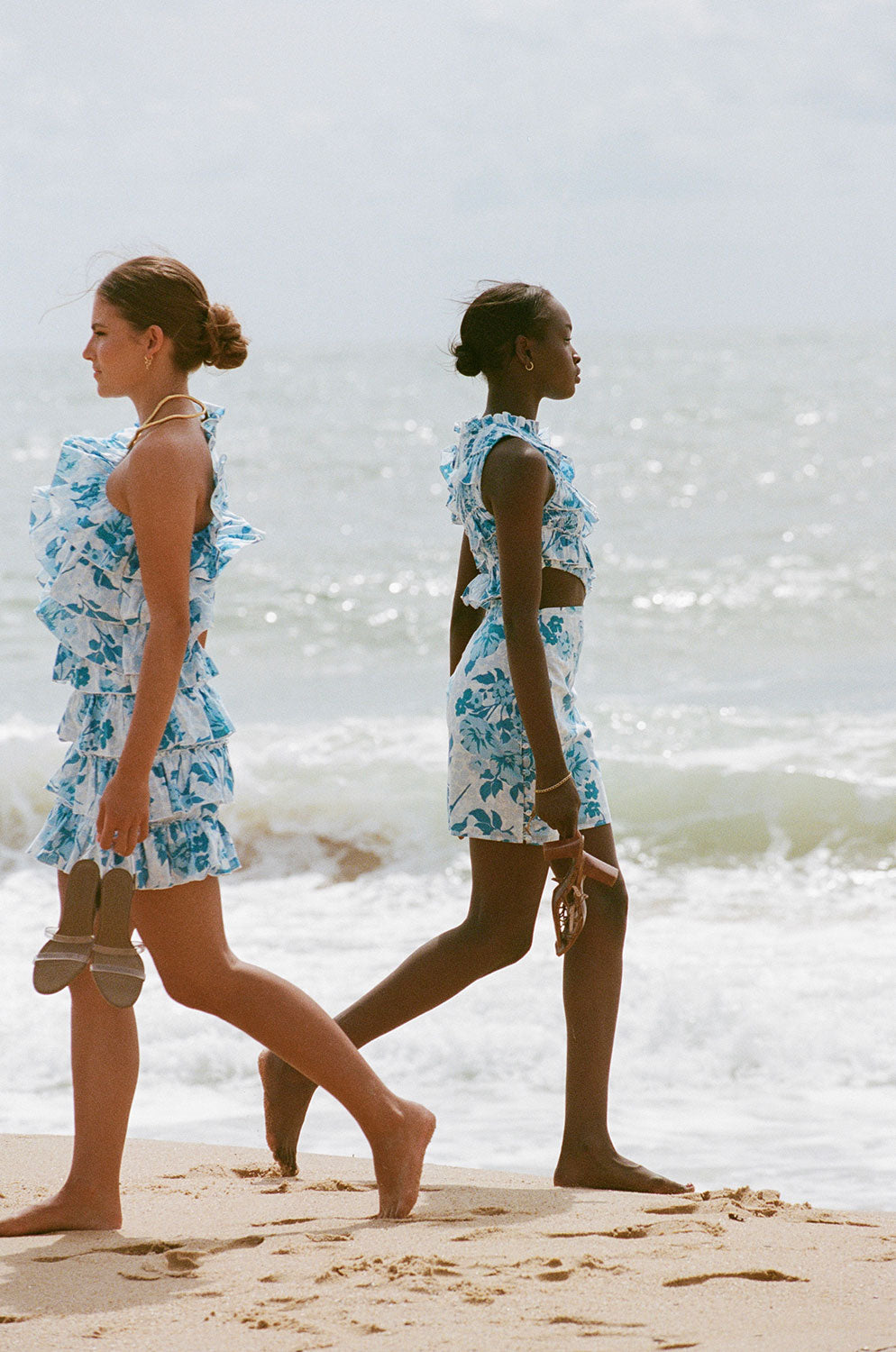Stylish Emilia Asymmetric Women's Dress with Azure Flora Print