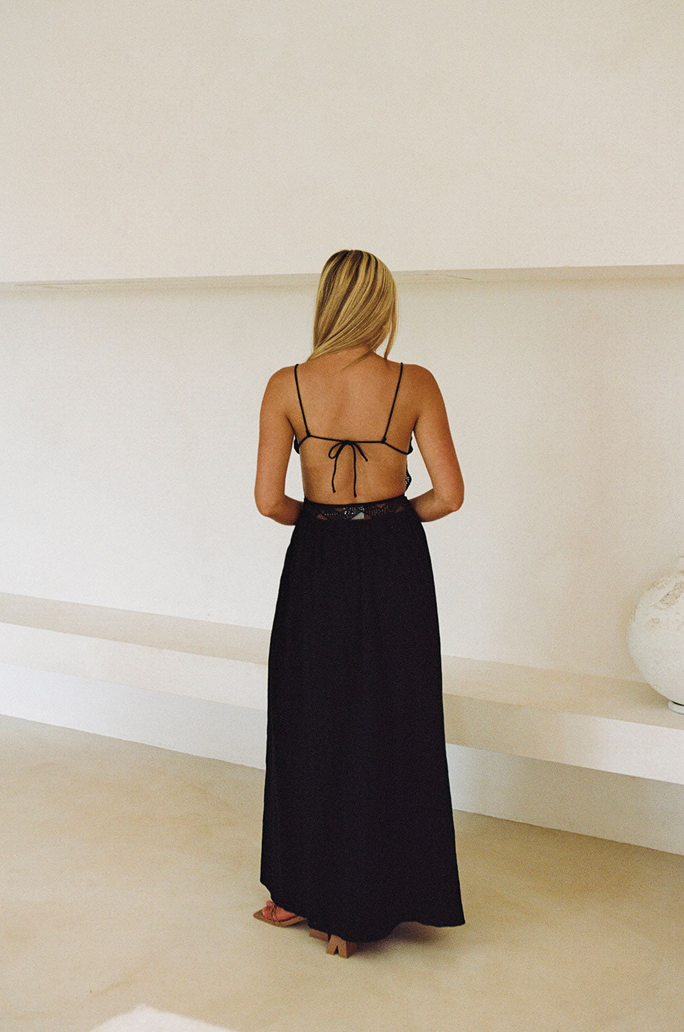 Black Raw Cotton Backless Molly Dress with Flouncy Maxi Skirt