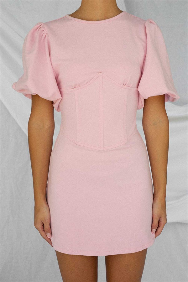 Soft Pink Natural Cotton Blend Emme Corset Dress with Short Puff Sleeves