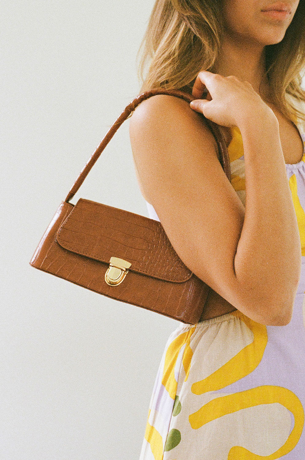 Levene Vegan Croc-Style Tan Baguette Handbag