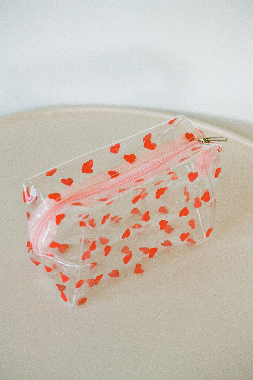 Adorable Transparent Heart-Shaped Cosmetics Bag with Red Love Hearts and Zipper
