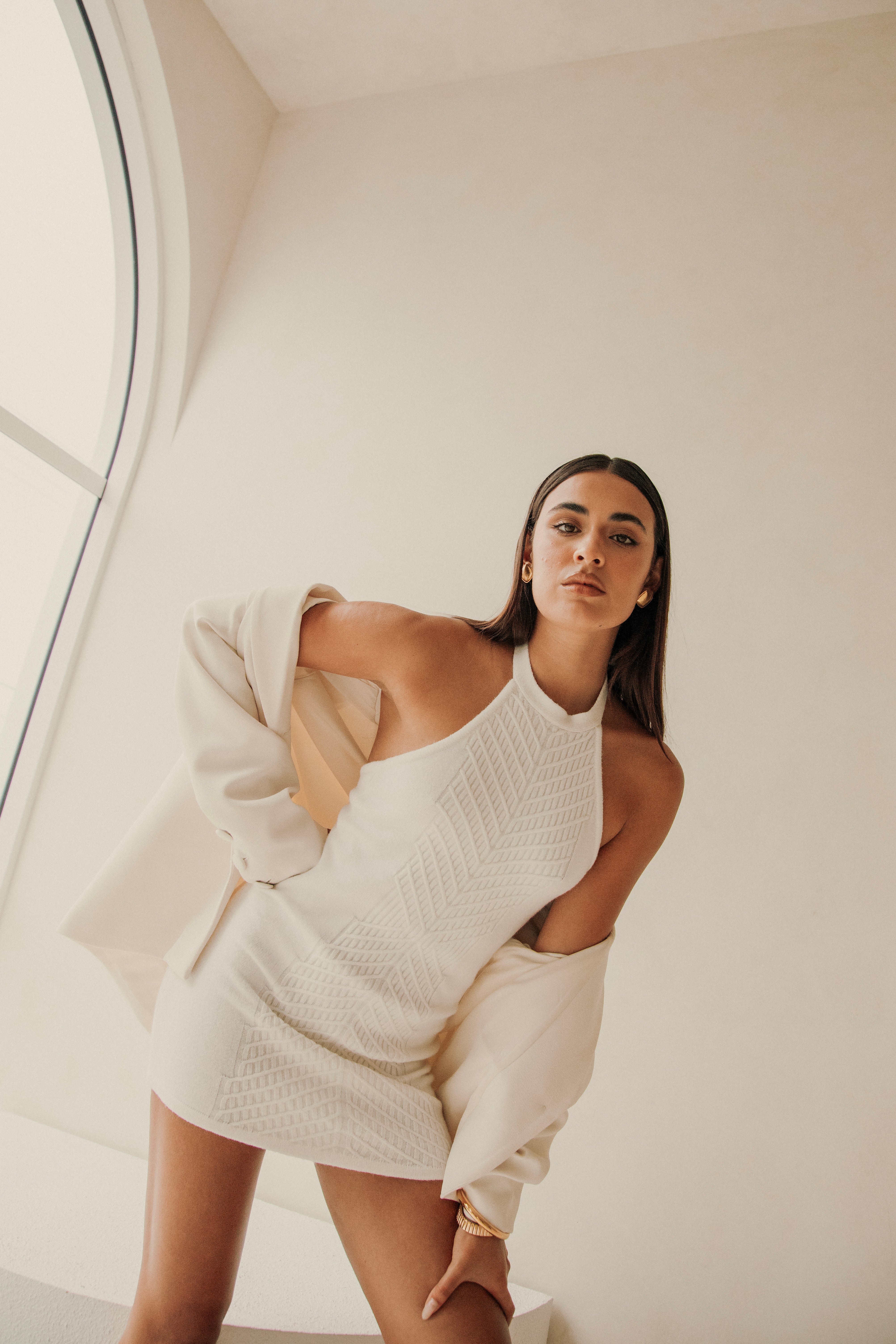 90s-Inspired Cream Halter Neck Atley Mini Dress by Sabo