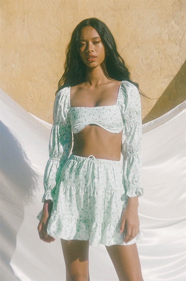 Luxe Silky Green Cropped Gemini Top with Tuscan Vine Floral Print